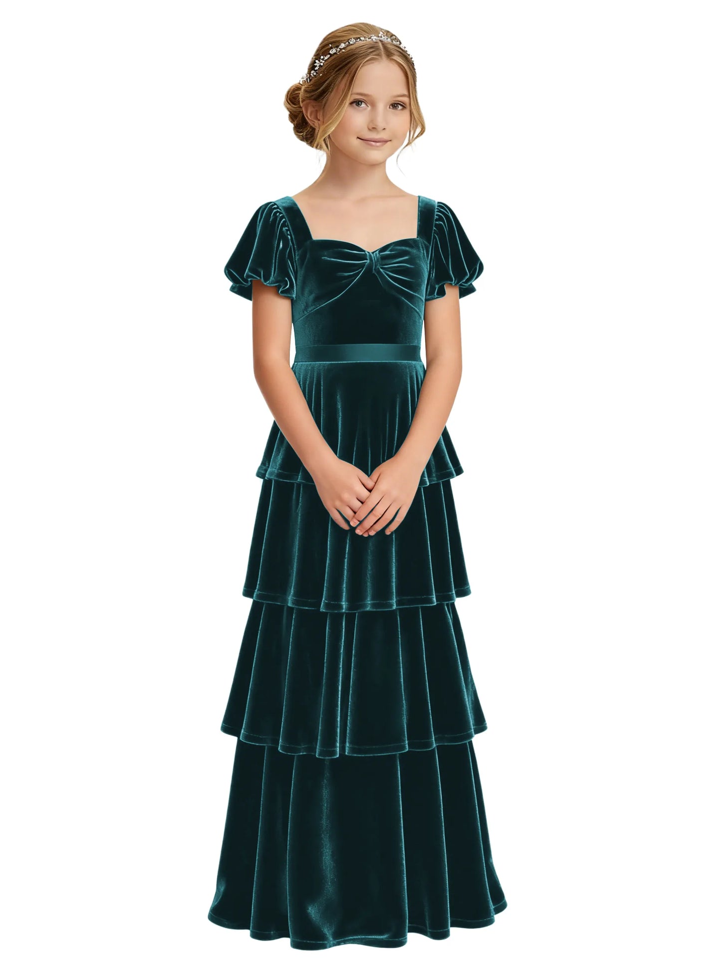 Dideyttawl Burgundy Velvet Junior Bridesmaid Dress Puff Sleeve Tiered Ruffle Formal Dress