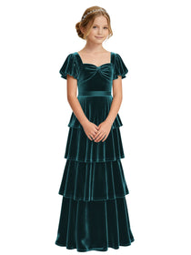 Dideyttawl Burgundy Velvet Girls Formal Dress Puff Sleeve Tiered Ruffle Formal Dress