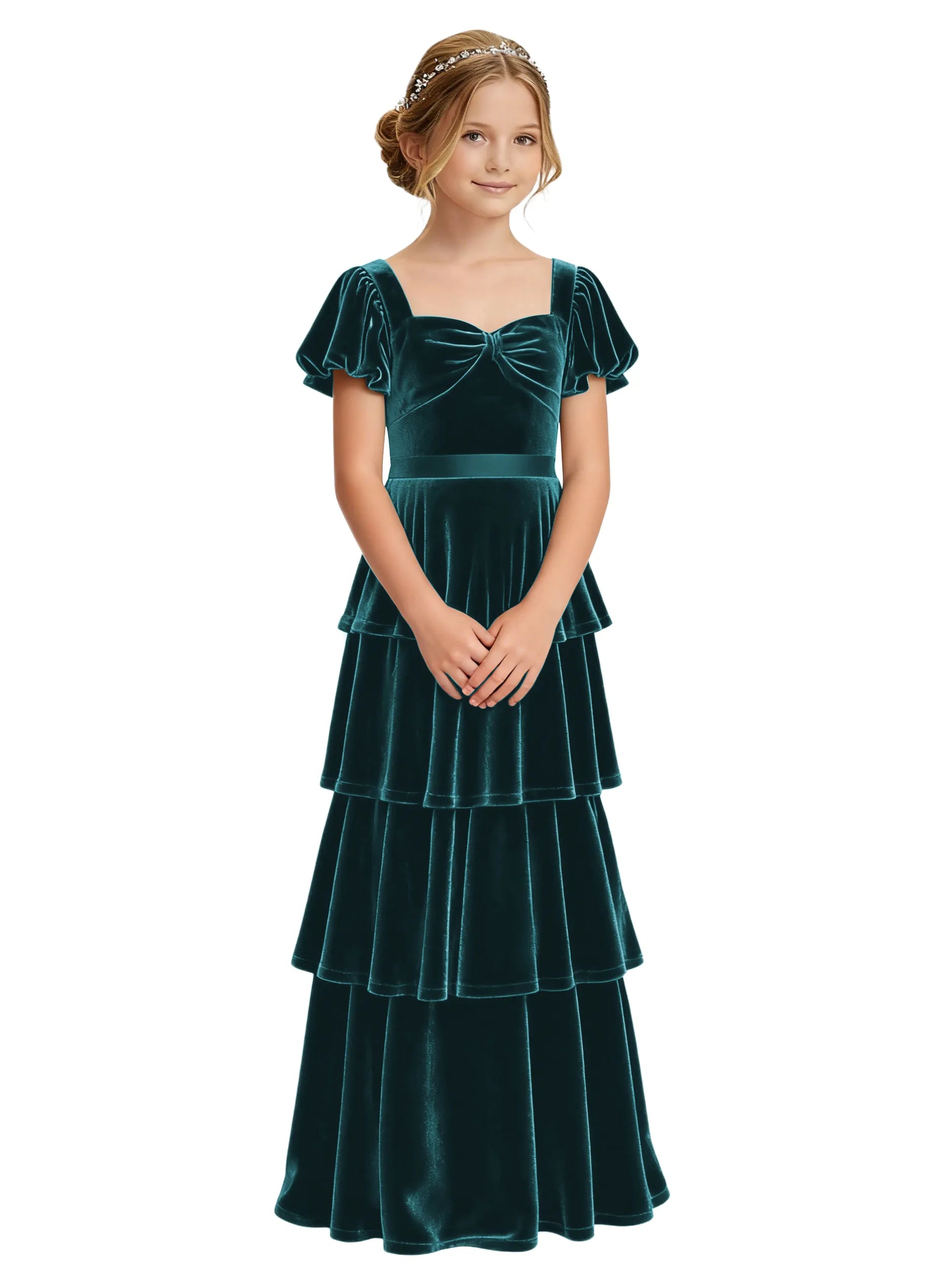 Dideyttawl Burgundy Velvet Girls Formal Dress Puff Sleeve Tiered Ruffle Formal Dress