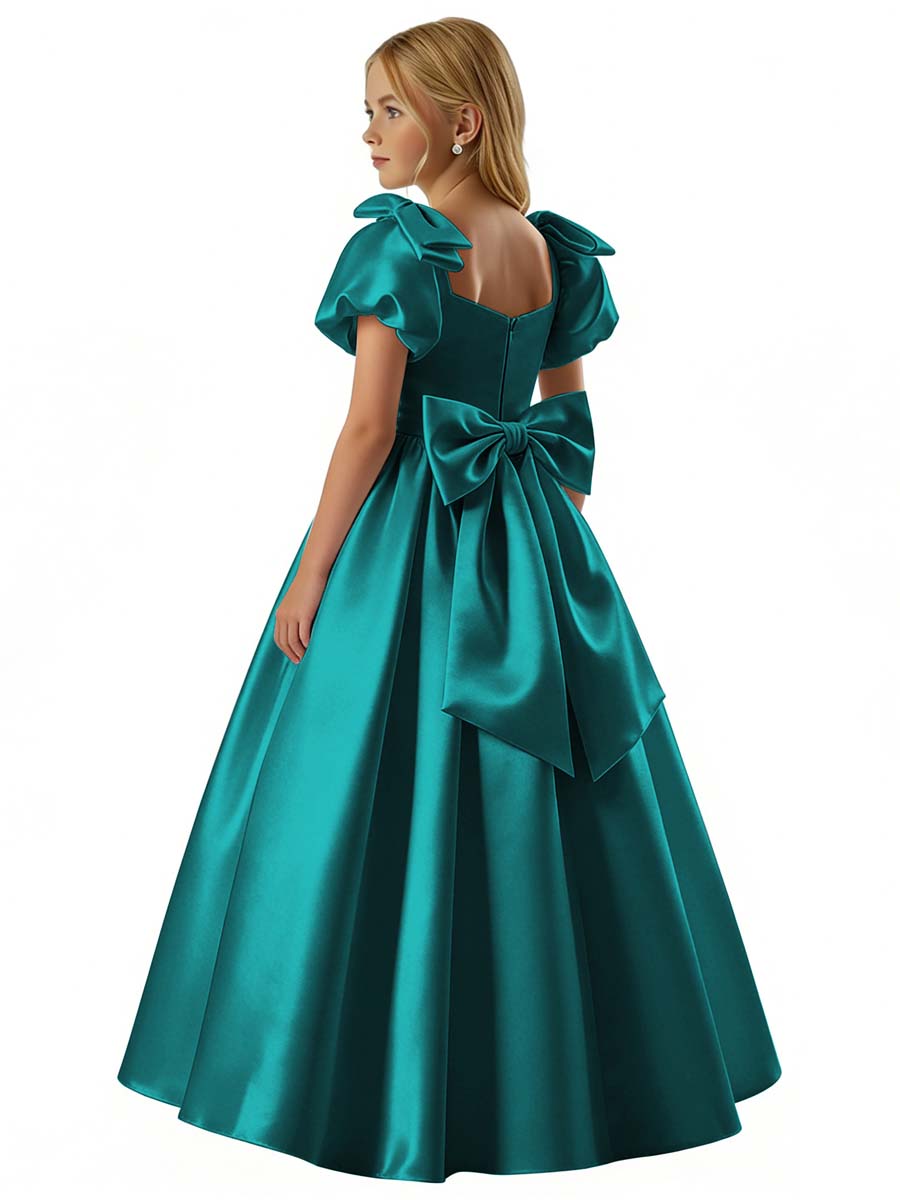 dideyttawl 2026 Satin Flower Girl Dress A Line Big Bow Long Prom Princess Ball Gown Puff Sleeves Junior Bridesmaid Dress 2773