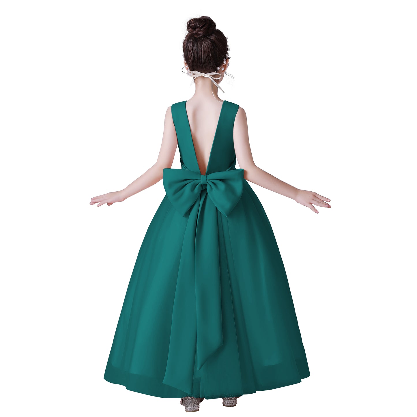 Dideyttawl Big Bow V-Back Satin Tulle Flower Girl Dress with Pearls Puffy Princess Ball Gown