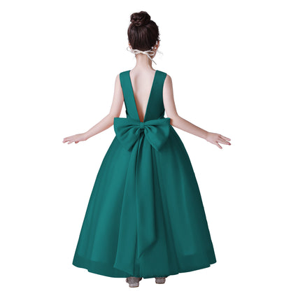 Dideyttawl Big Bow V-Back Satin Tulle Flower Girl Dress with Pearls Puffy Princess Ball Gown