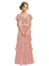 Dideyttawl Burgundy Velvet Girls Formal Dress Puff Sleeve Tiered Ruffle Formal Dress