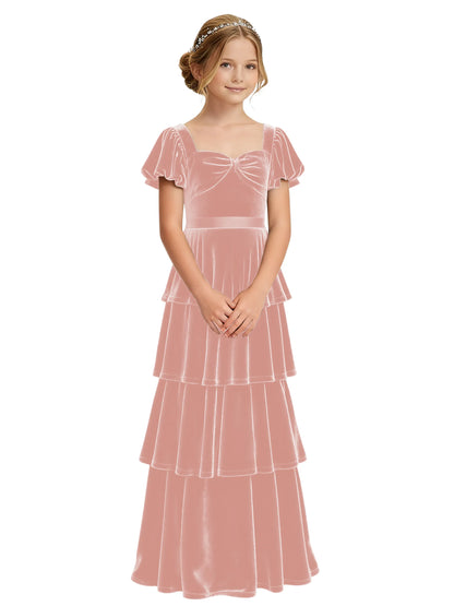 Dideyttawl Burgundy Velvet Junior Bridesmaid Dress Puff Sleeve Tiered Ruffle Formal Dress