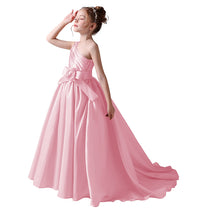 Dideyttawl Flower Girls Pageant Dresses One Shoulder Sleeveless Formal Satin Dress for Wedding Guest Princess Ball Gown Flower Belt Dress