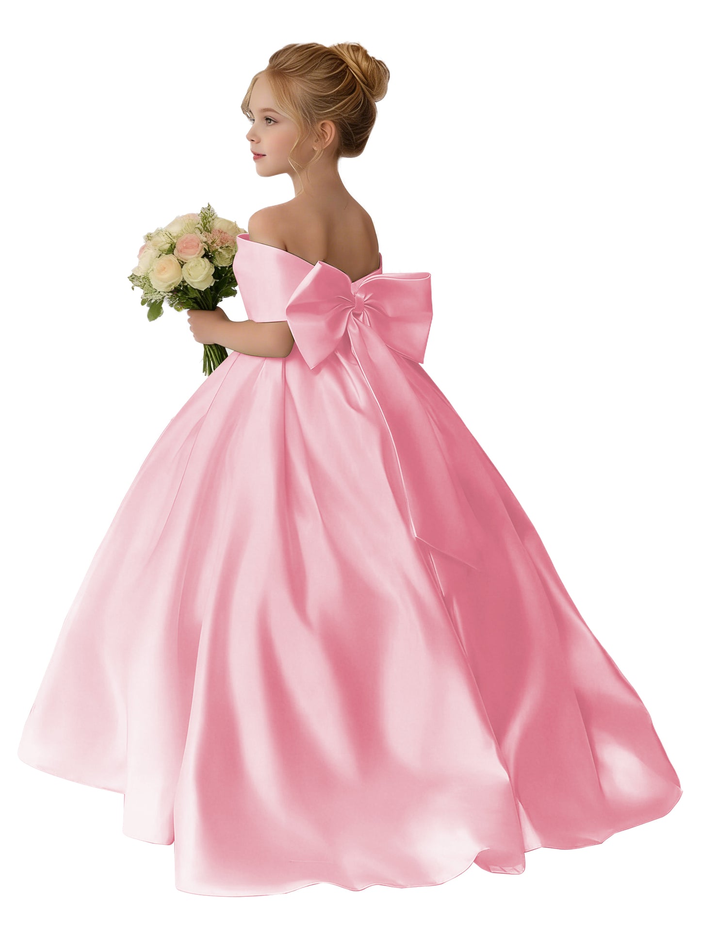Dideyttawl Satin Flower Girl Dress A Line Off Shoulder Formal Ball Gown Bow Back
