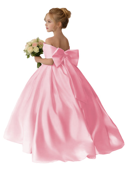 Dideyttawl Satin Flower Girl Dress A Line Off Shoulder Formal Ball Gown Bow Back