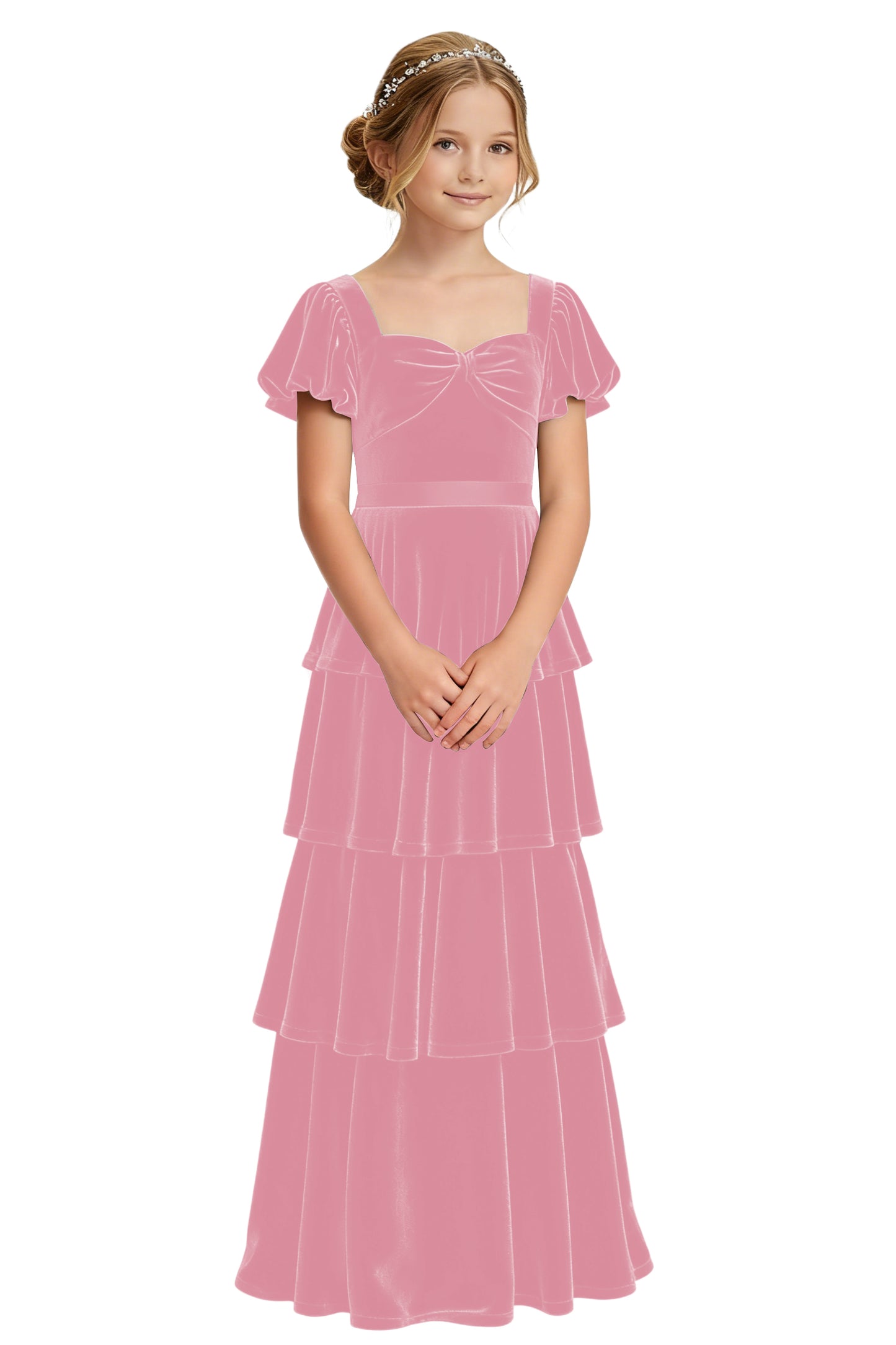dideyttawl Girls Pleated Velvet Short Lantern Sleeves Long Junior Bridesmaid Dress 2542