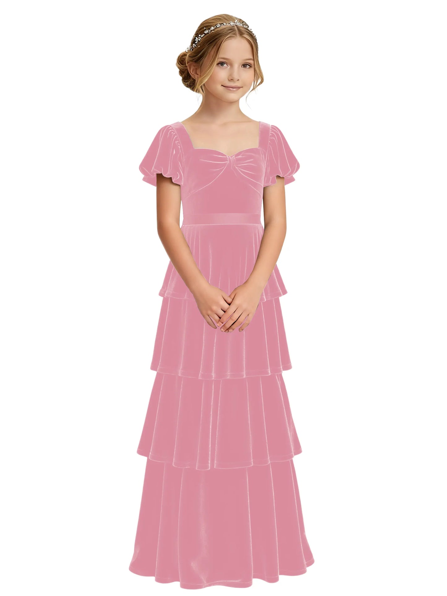 Dideyttawl Burgundy Velvet Junior Bridesmaid Dress Puff Sleeve Tiered Ruffle Formal Dress