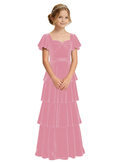 Dideyttawl Burgundy Velvet Junior Bridesmaid Dress Puff Sleeve Tiered Ruffle Formal Dress