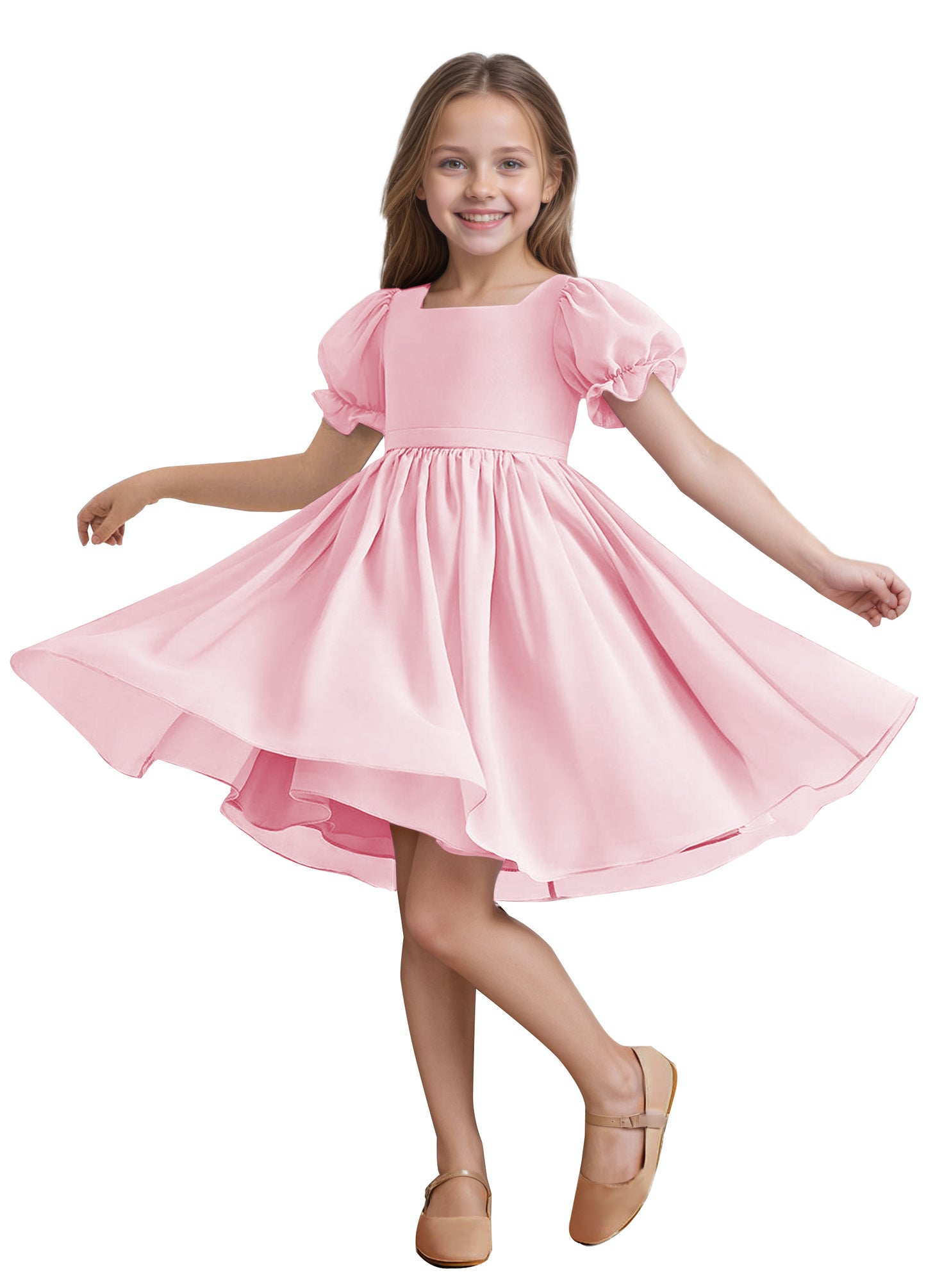 Chiffon Short Sleeves Flower Girl Dresses Knee Length Junior Bridesmaid Dresses for 4-16 650C