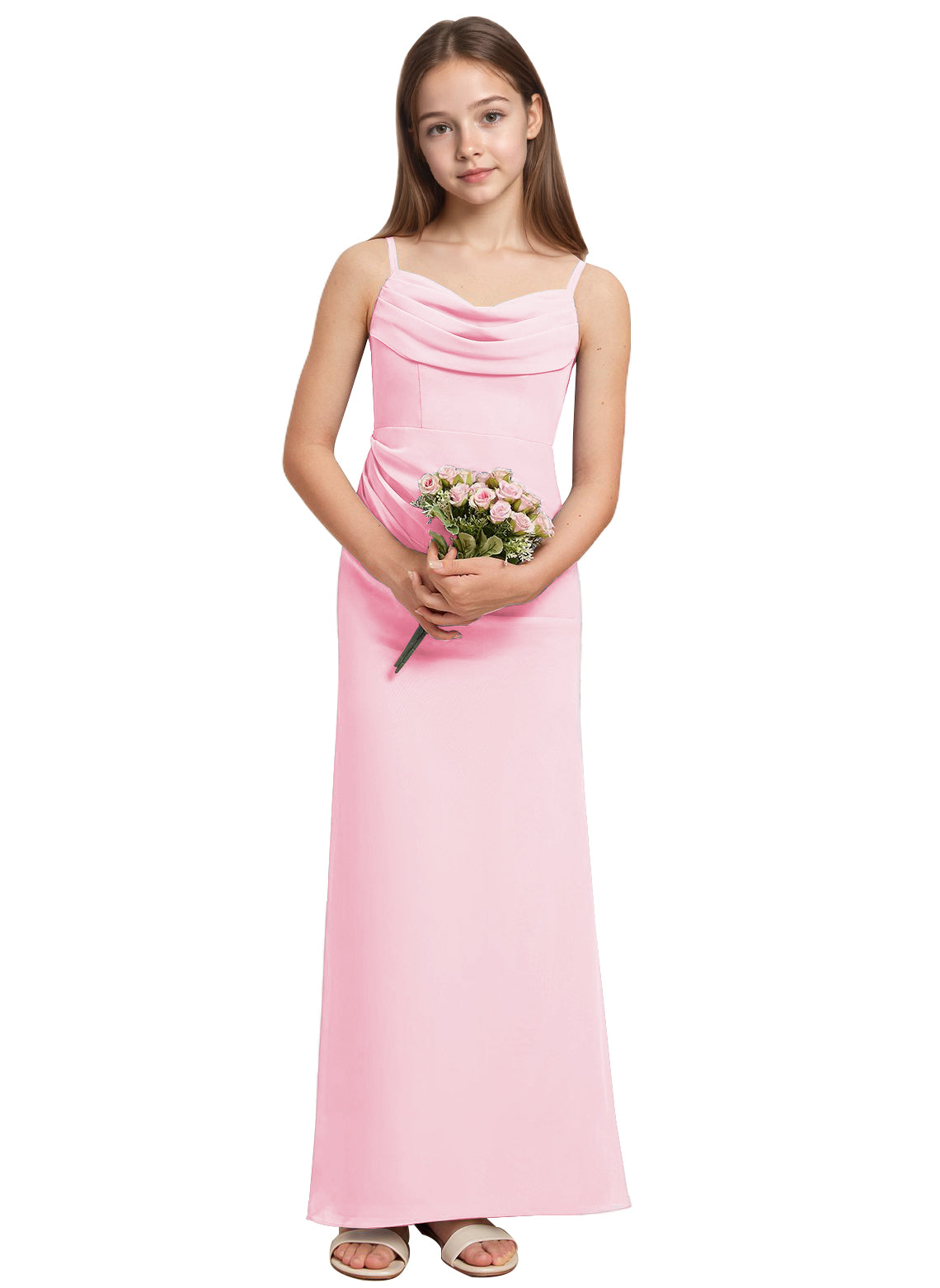 dideyttawl Long Sheathe Junior Bridesmaid Dresses for Girls Chiffon A-Line Ruched Cowl Neck Wedding Flower Girls Dress 2512