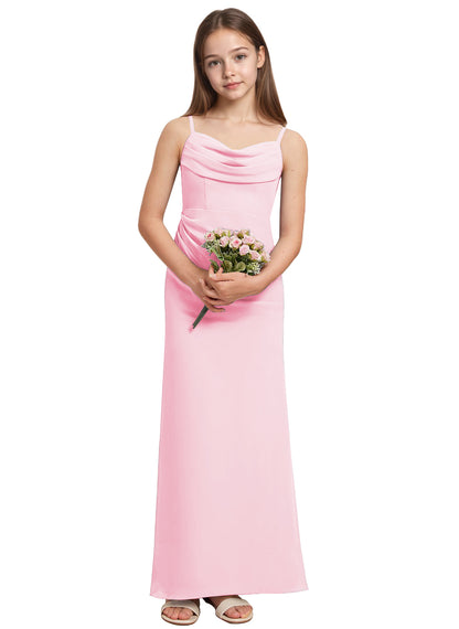 dideyttawl Long Sheathe Junior Bridesmaid Dresses for Girls Chiffon A-Line Ruched Cowl Neck Wedding Flower Girls Dress 2512
