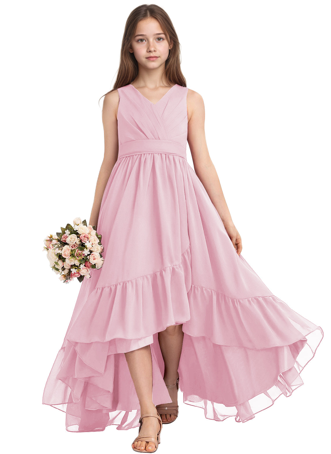 dideyttawl A-Line High Low Flower Girls Dress Long V-Neck Junior Bridesmaid Dresses for Teens Pleated Chiffon 2511