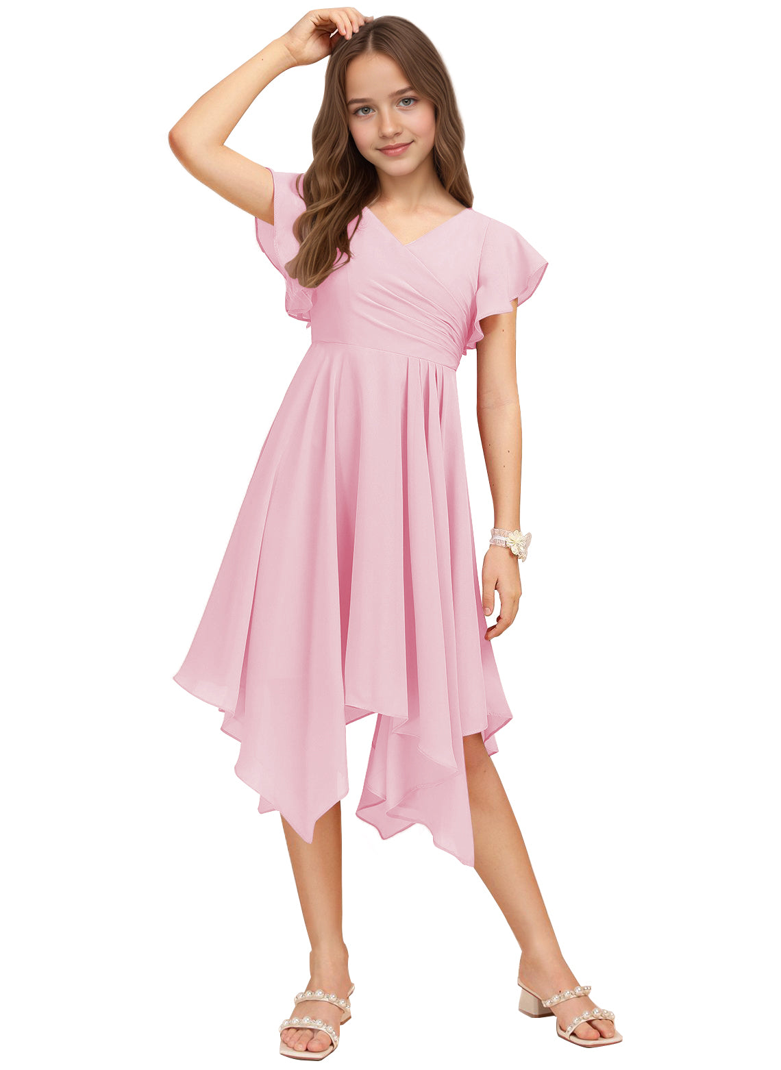 Chiffon Short Junior Bridesmaid Dresses Knee Length Flutter Sleeves Flower Girl Dresses for 4-16 2505