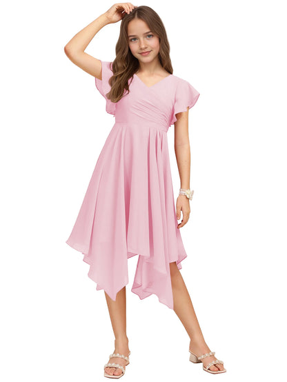 Dideyttawl Dusty Rose Junior Bridesmaid Chiffon Flutter Sleeve A-Line Dress
