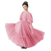 Dideyttawl Girls Dusty Blue Princess Dress Long Sleeve Tulle Ball Gown for Wedding Party