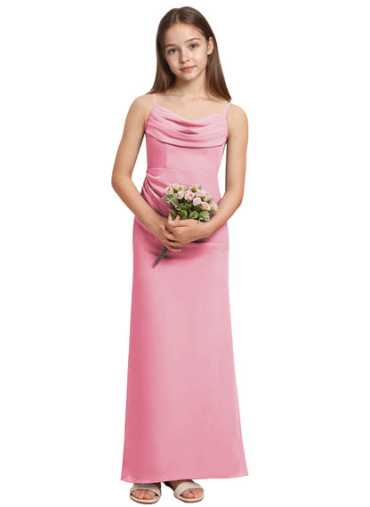 dideyttawl Long Sheathe Junior Bridesmaid Dresses for Girls Chiffon A-Line Ruched Cowl Neck Wedding Flower Girls Dress 2512