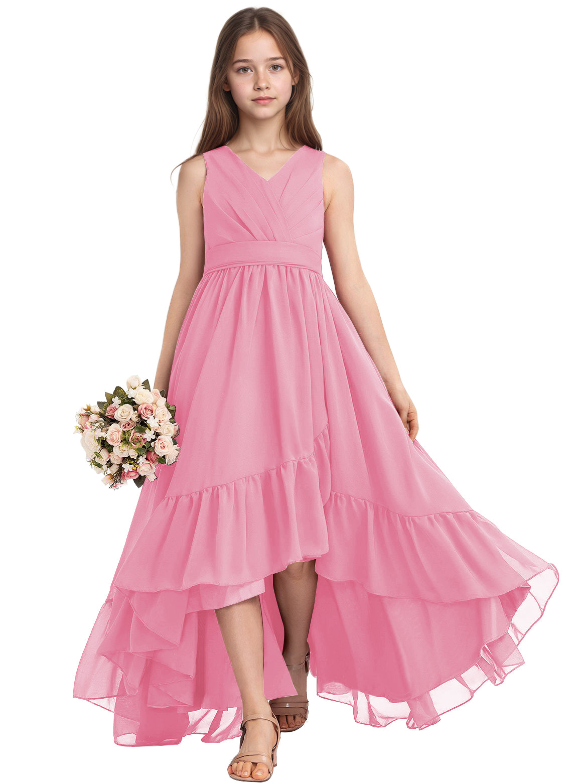 dideyttawl A-Line High Low Flower Girls Dress Long V-Neck Junior Bridesmaid Dresses for Teens Pleated Chiffon 2511