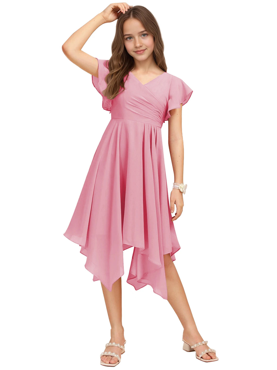Dideyttawl Dusty Rose Junior Bridesmaid Chiffon Flutter Sleeve A-Line Dress