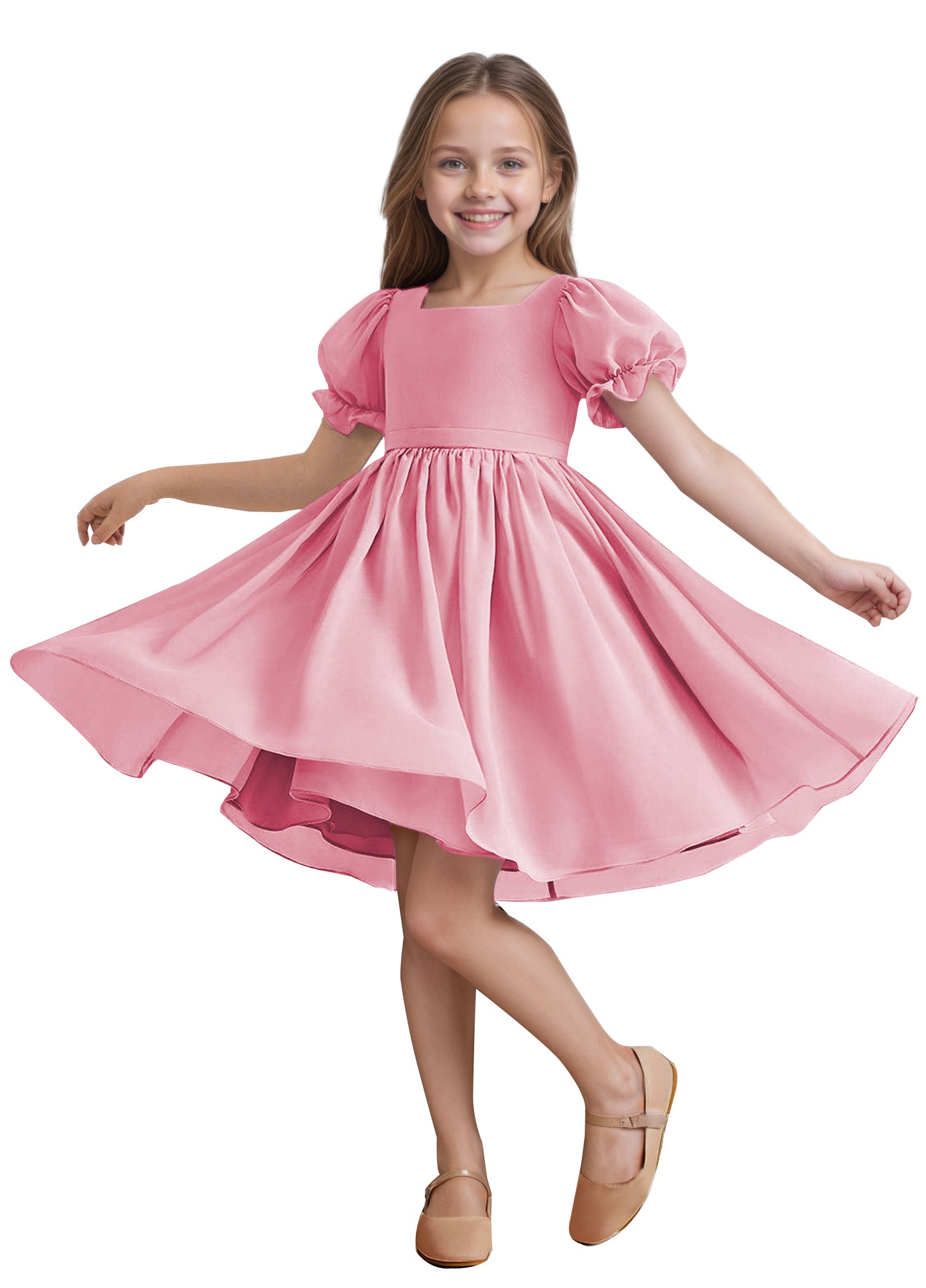 Chiffon Short Sleeves Flower Girl Dresses Knee Length Junior Bridesmaid Dresses for 4-16 650C