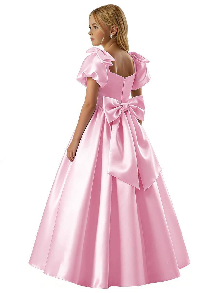 dideyttawl 2026 Satin Flower Girl Dress A Line Big Bow Long Prom Princess Ball Gown Puff Sleeves Junior Bridesmaid Dress 2773