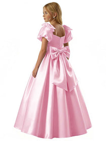Dideyttawl White Flower Girl Dress Puff Sleeve Satin Ball Gown