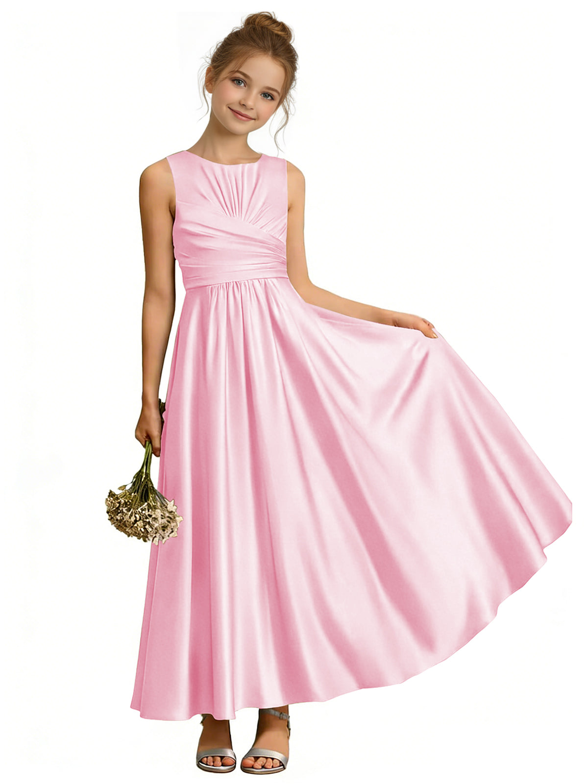 dideyttawl Satin A-Line Junior Bridesmaid Dresses Pleated Girls Special Occasion Gown