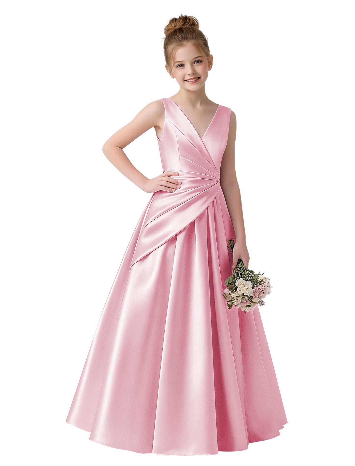 dideyttawl 2026 Pleated Satin Flower Girl Dress Junior Bridesmaid Dress Sleeveless A Line V-Neck Prom Ball Gown 2786