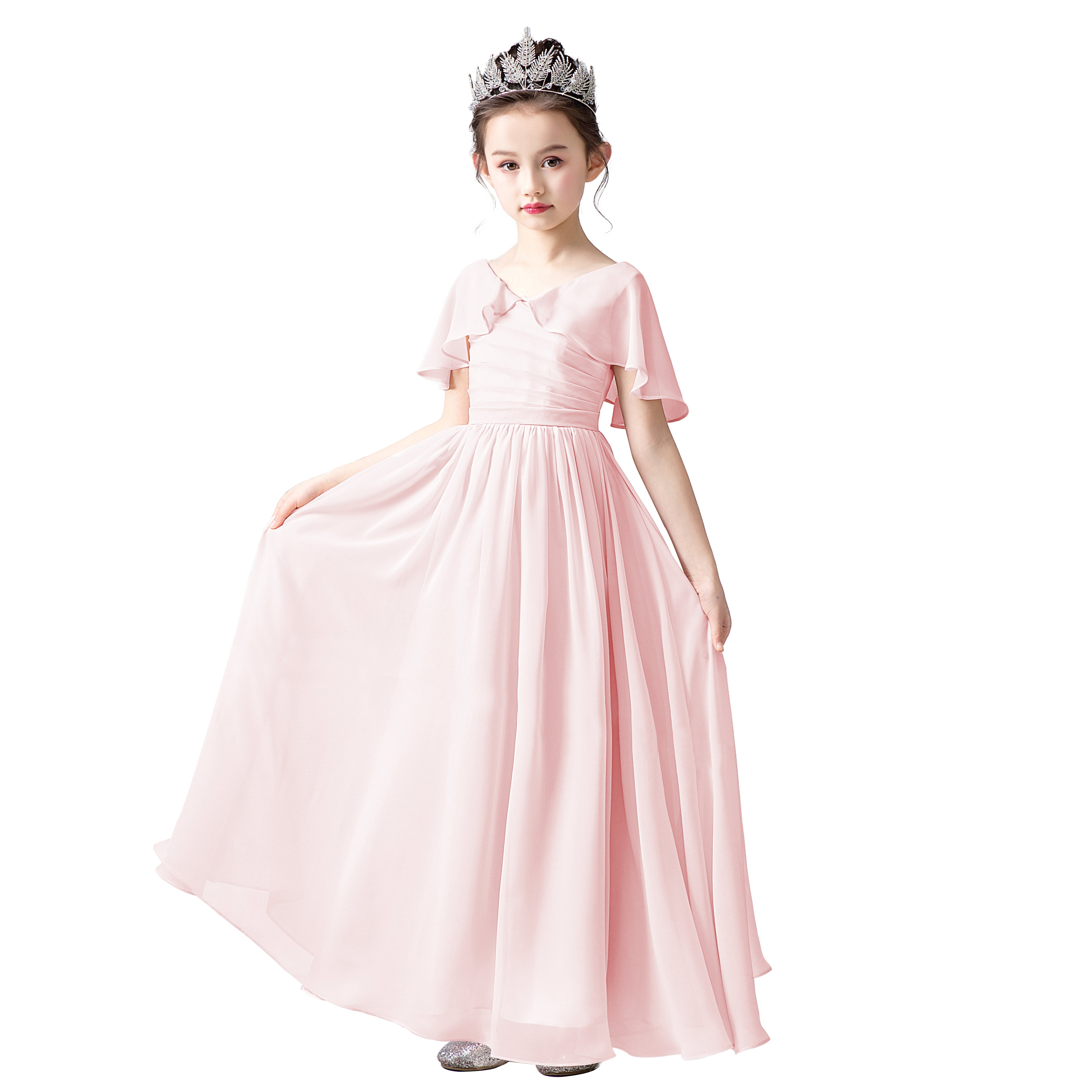 Dideyttawl Cape Sleeves Chiffon Junior Bridesmaid Dress for Wedding