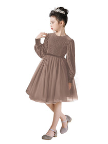 Dideyttawl Spring Girls Short Velvet Girls Formal Dress Elegant Formal Dress Lantern Long Sleeves Girls Birthday Party Dress