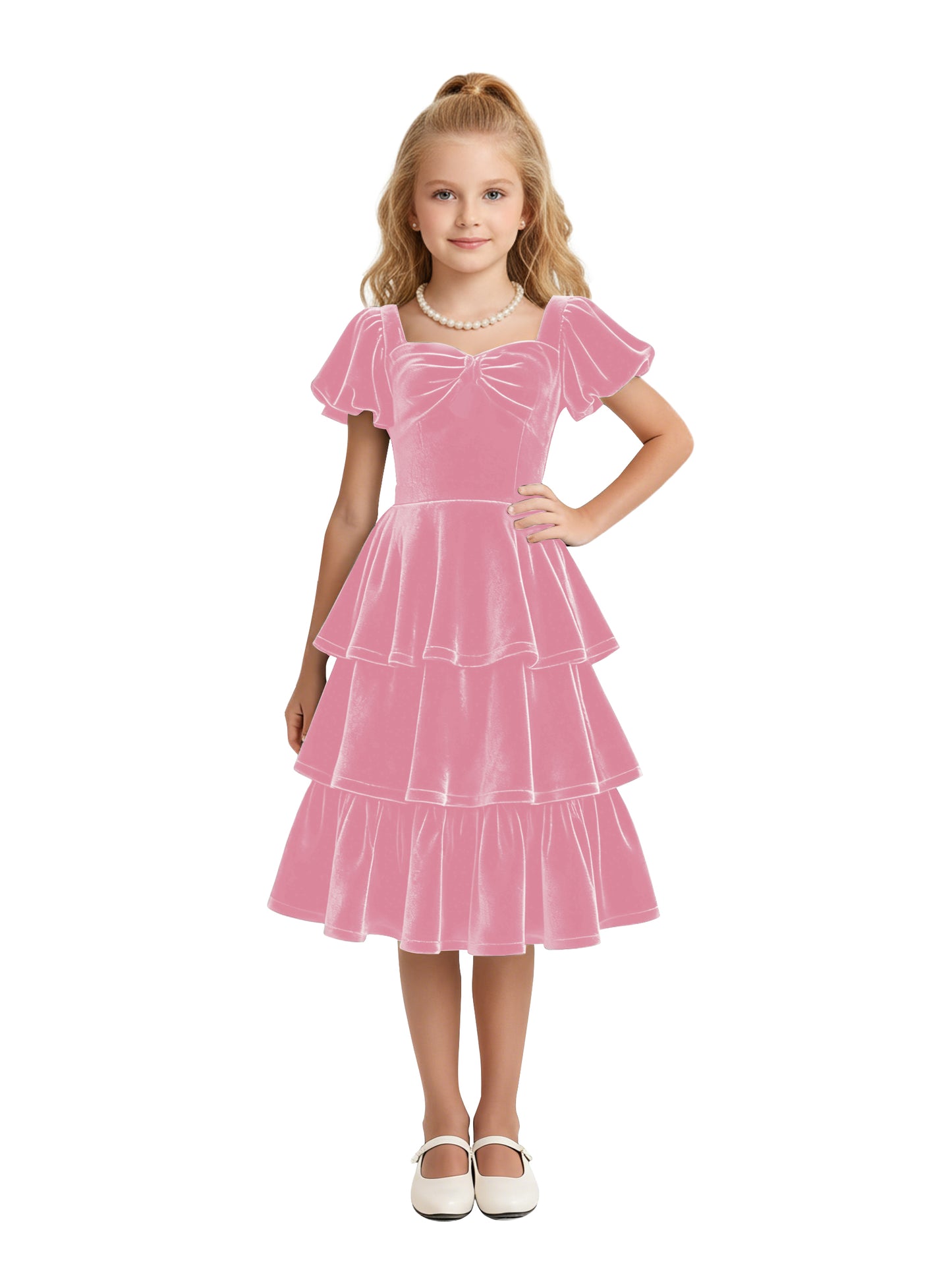 dideyttawl Girls Pleated Velvet Knee Length Junior Bridesmaid Dress with Short Lantern Sleeves 2543