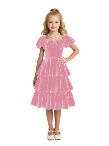 dideyttawl Girls Pleated Velvet Knee Length Junior Bridesmaid Dress with Short Lantern Sleeves 2543