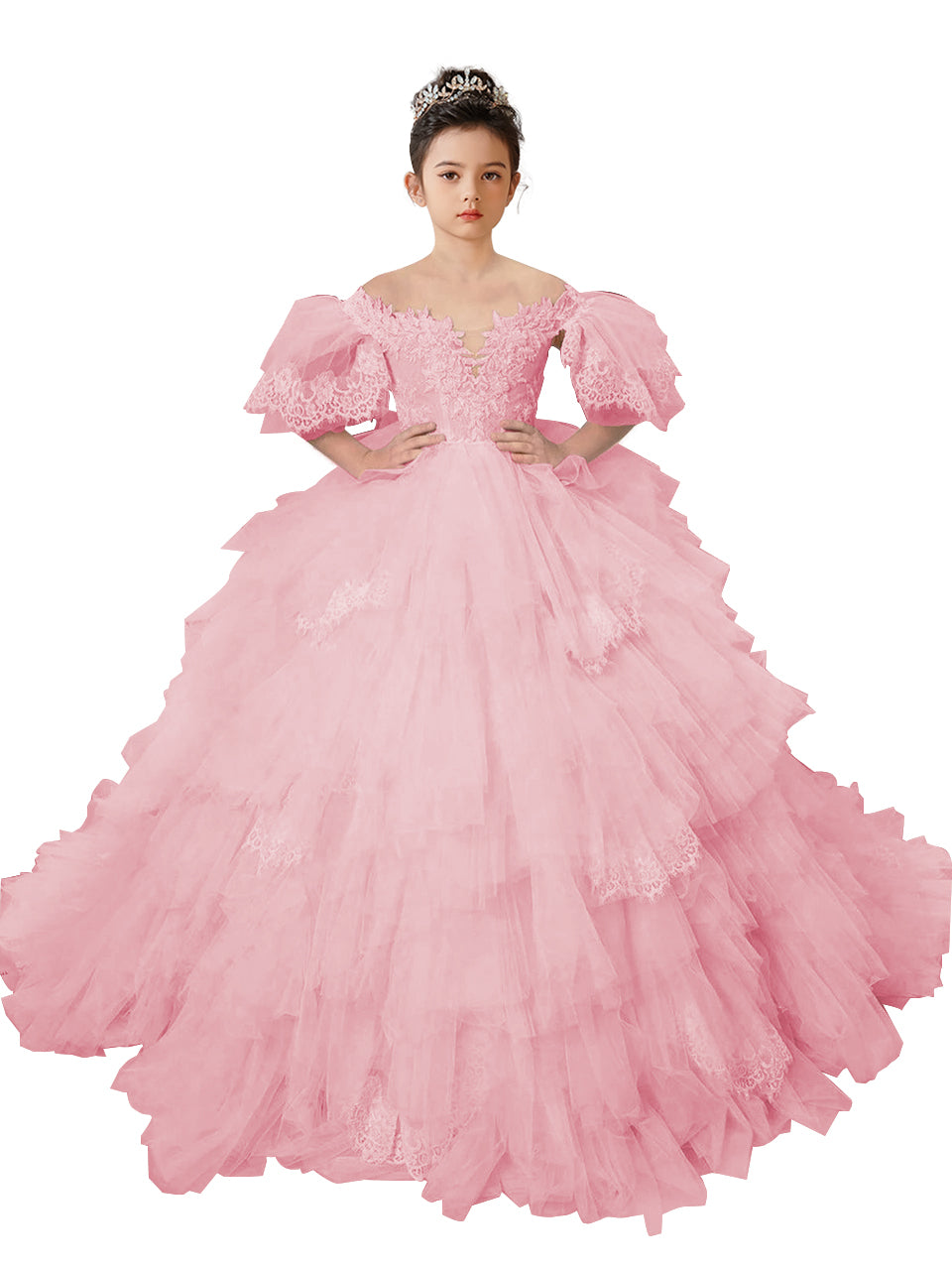 Flower Girl Dresses Lace Appliqued Puffy Sleeves Floor Length Long Train Princess Dresses