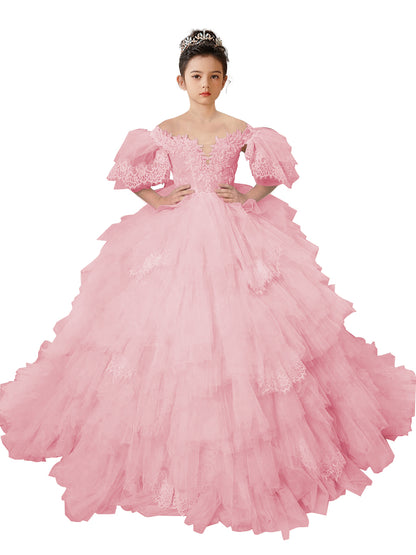 Flower Girl Dresses Lace Appliqued Puffy Sleeves Floor Length Long Train Princess Dresses