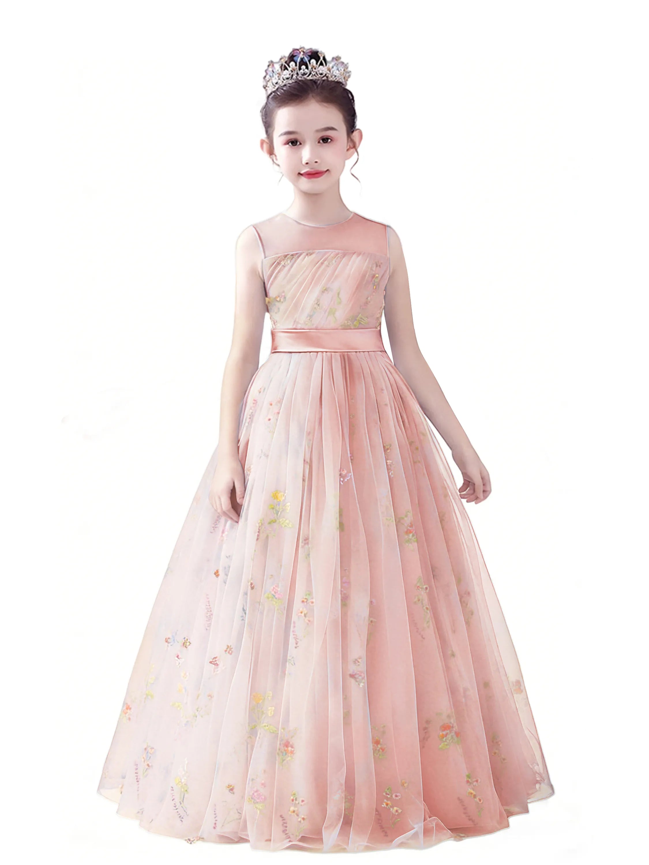 dideyttawl  Floral Tulle Girls Formal Dress Sleeveless Pageant  Prom Gown 2554