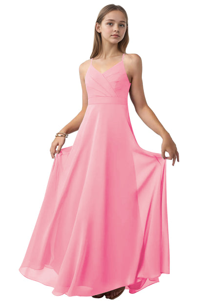 dideyttawl V-Neck Junior Bridesmaid Dress Spaghetti Straps Pleated Chiffon A-Line Flower Girl Dress 2510