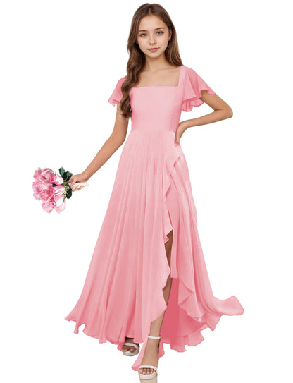 dideyttawl Junior Bridesmaid Dresses Ruffle Sleeve Square Neck Chiffon A-Line Flower Girl Dress with Slit 2508