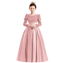 Dideyttawl Velvet Girls Formal Dress Long Sleeves Satin Flower Girl Dress 2541