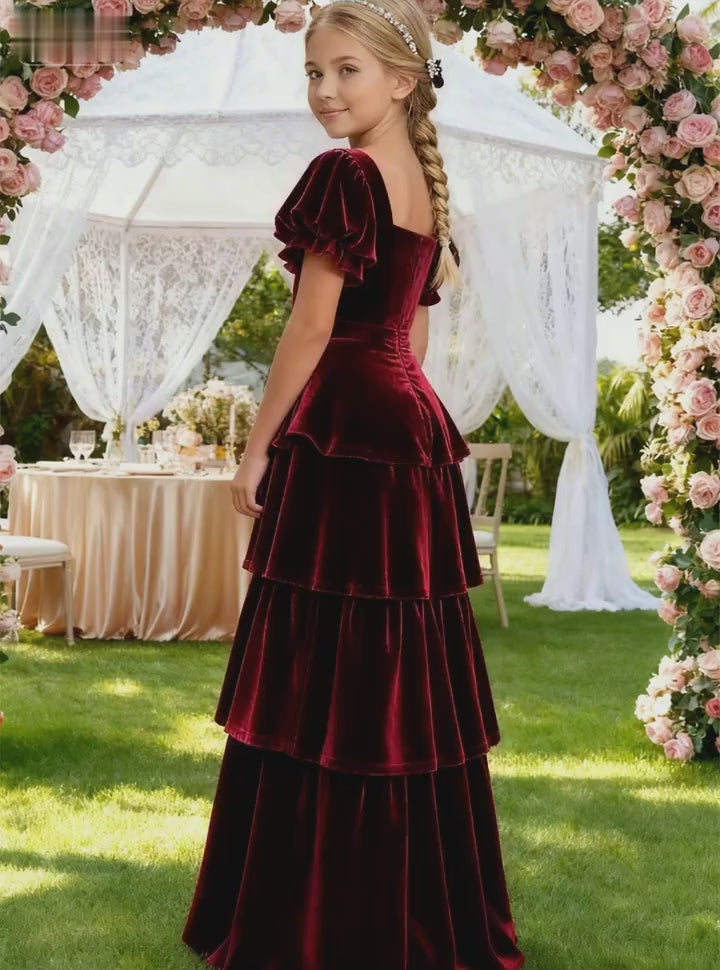 Dideyttawl Burgundy Velvet Girls Formal Dress Puff Sleeve Tiered Ruffle Formal Dress