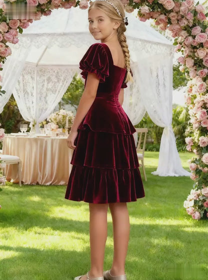 dideyttawl Girls Pleated Velvet Knee Length Junior Bridesmaid Dress with Short Lantern Sleeves 2543