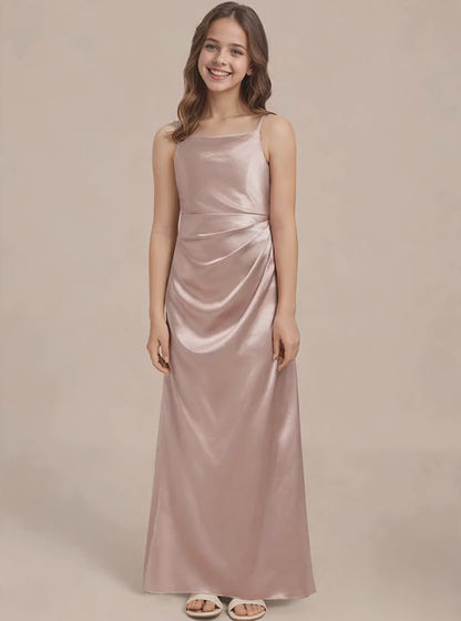 dideyttawl A-Line Junior Bridesmaid Dress Square Neck Pleated Stretch Satin Flower Girl Dress Sleeveless Formal Special Occasion Dress for Wedding 2520