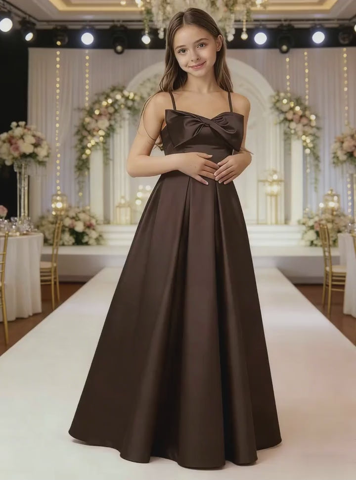 Dideyttawl Chocolate Brown Satin Spaghetti Strap Floor Length Junior Bridesmaid Dress