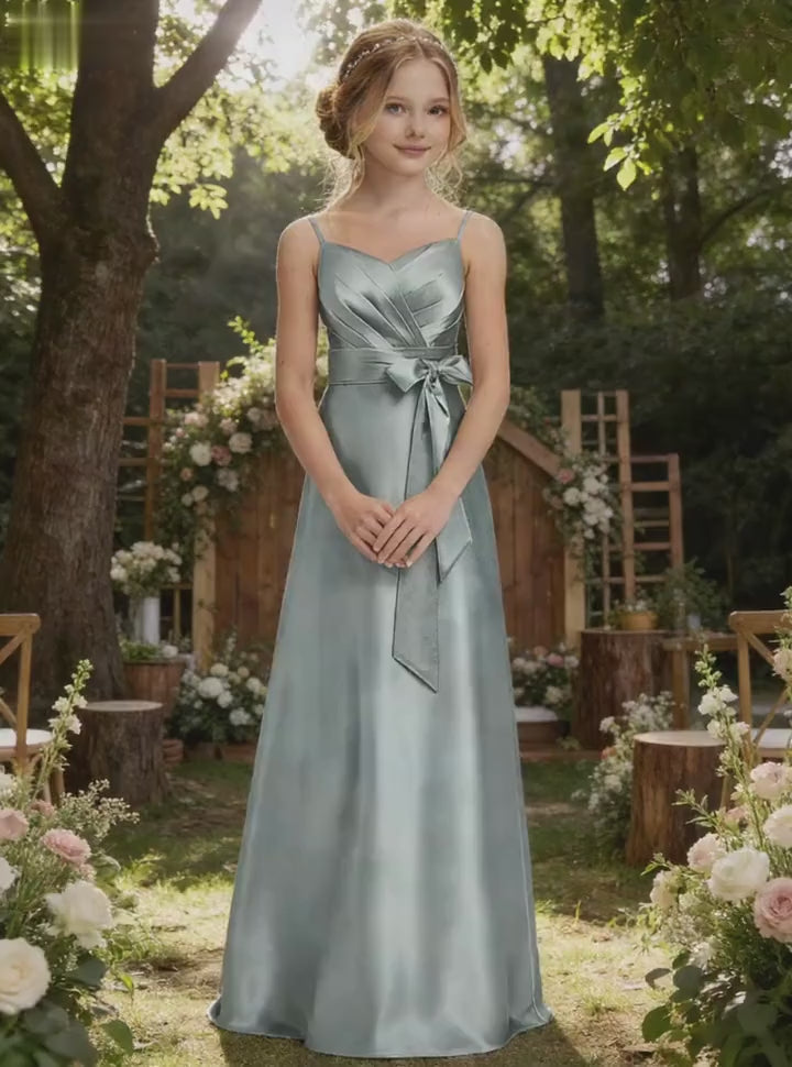 Dideyttawl Dusty Blue Junior Bridesmaid Dress Pleated Satin Maxi Dress with Bow Belt