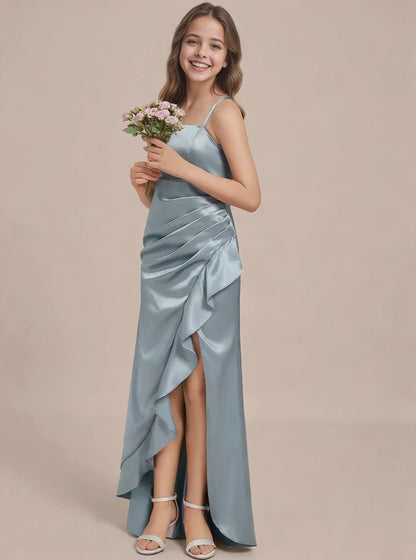 dideyttawl Sheath Junior Bridesmaid Dress with Slit Square Neck Ruffles Stretch Satin Flower Girl Dress Sleeveless Formal Special Occasion Dress for Wedding 2521