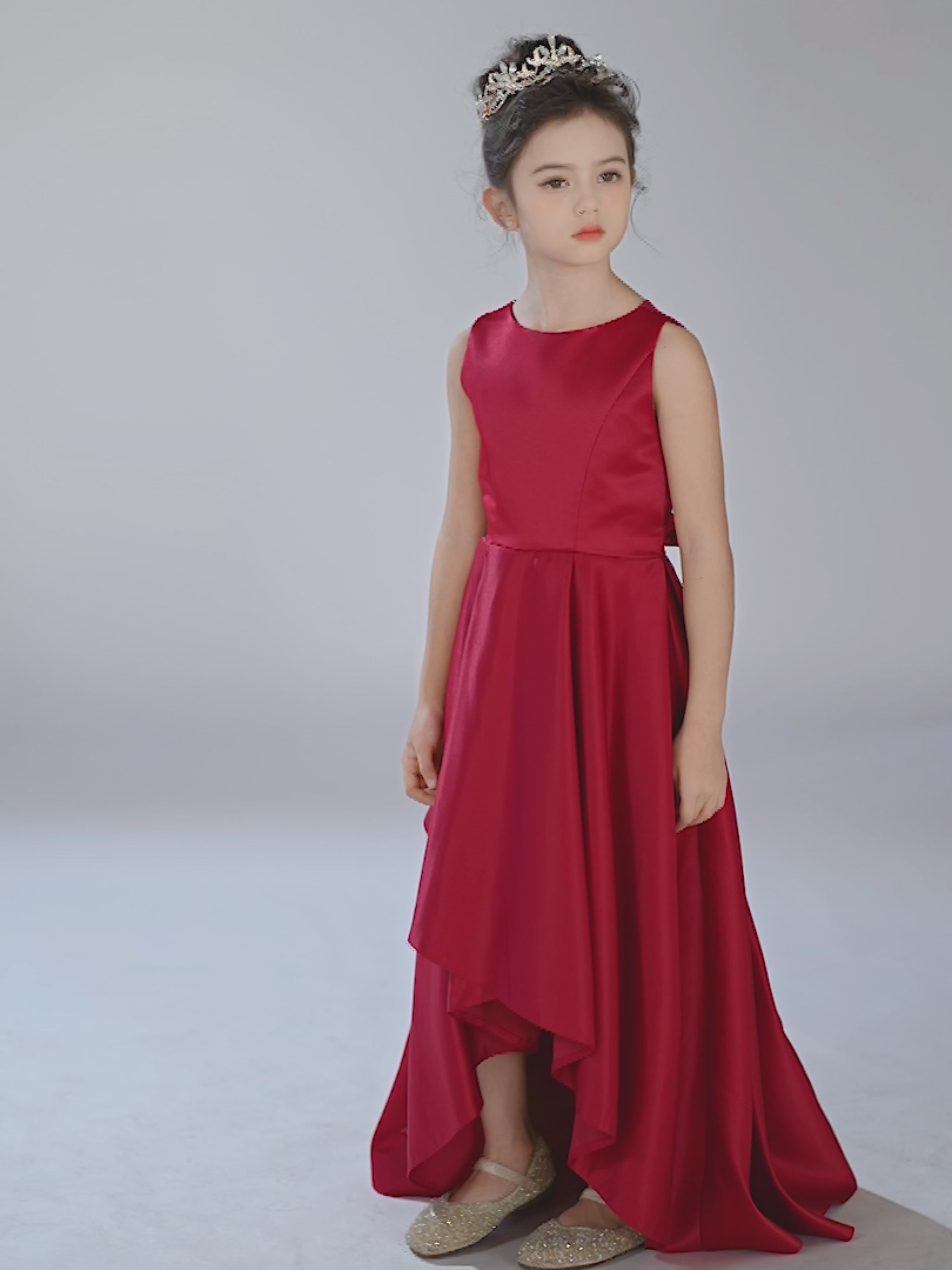 Dideyttawl Satin Flower Girls Dress Sleeveless Junior Bridesmaid High Low Ball Gown Bow Back