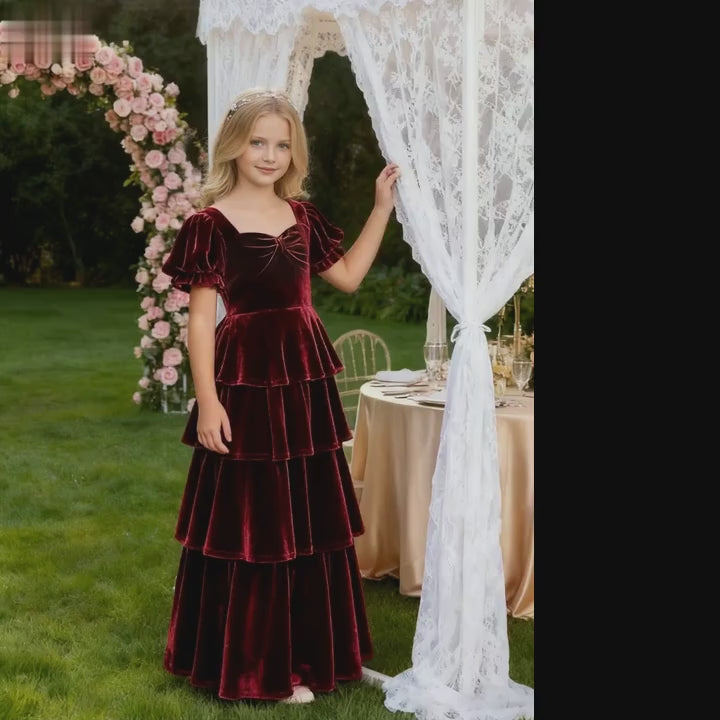 Dideyttawl Burgundy Velvet Girls Formal Dress Puff Sleeve Tiered Ruffle Formal Dress