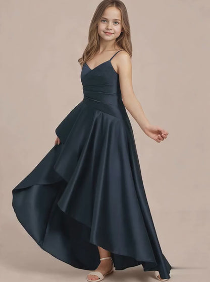 dideyttawl High Low Junior Bridesmaid Dress V-Neck Silk Satin Flower Girl Dress Sleeveless Formal Special Occasion Dress for Wedding 2523