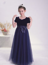 Dideyttawl Velvet Chiffon Girls Formal Dress with V Neck and Bow Sash