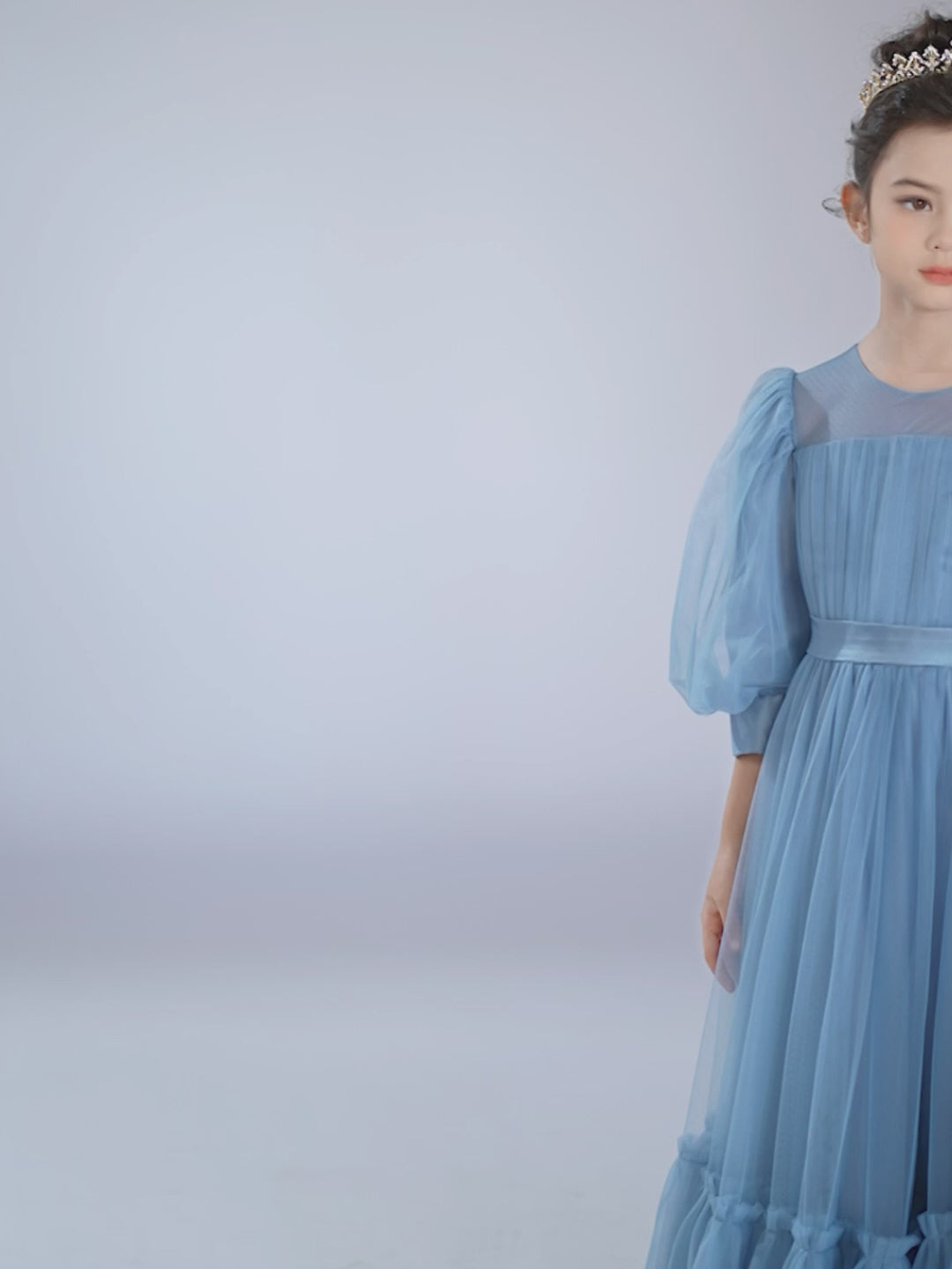Dideyttawl Girls Dusty Blue Princess Dress Long Sleeve Tulle Ball Gown for Wedding Party